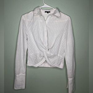 Michel womens size S white with black stripes button down long sleeve shirt